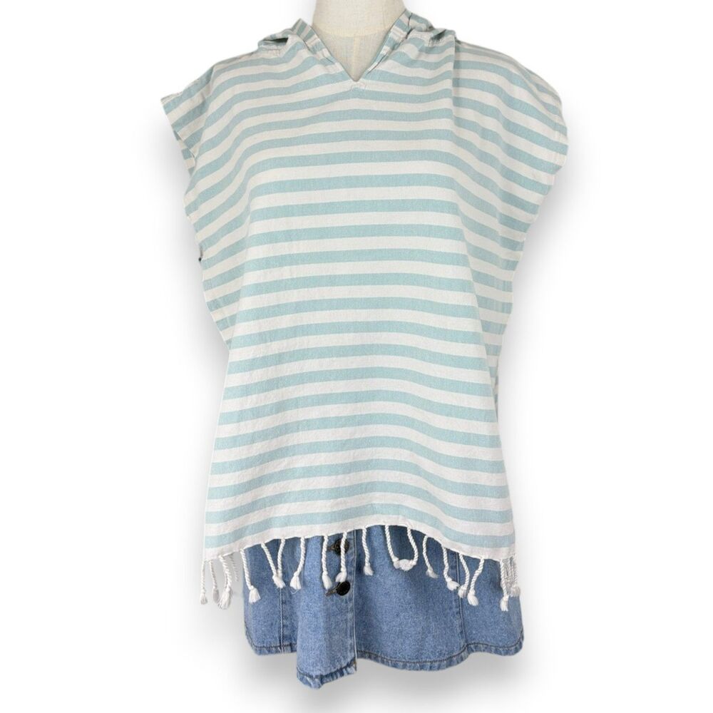 H&M Aqua Blue Striped Hooded Beach Coverup Tassels Ties One Size